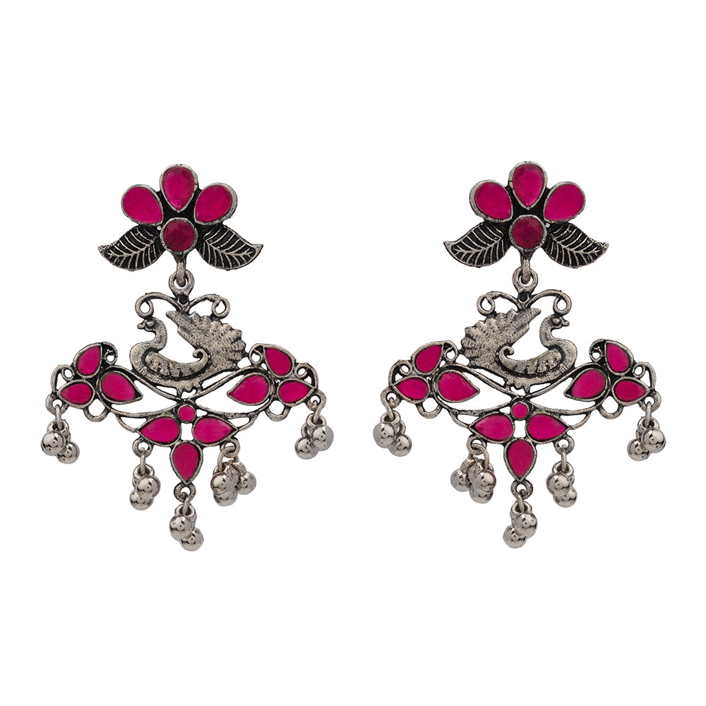 Pretty Peacock stone studded jhumka earring (Red)