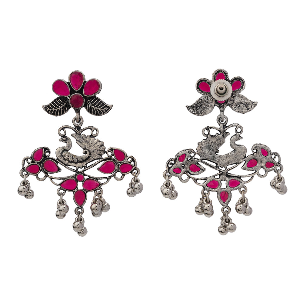 Pretty Peacock stone studded jhumka earring (Red)