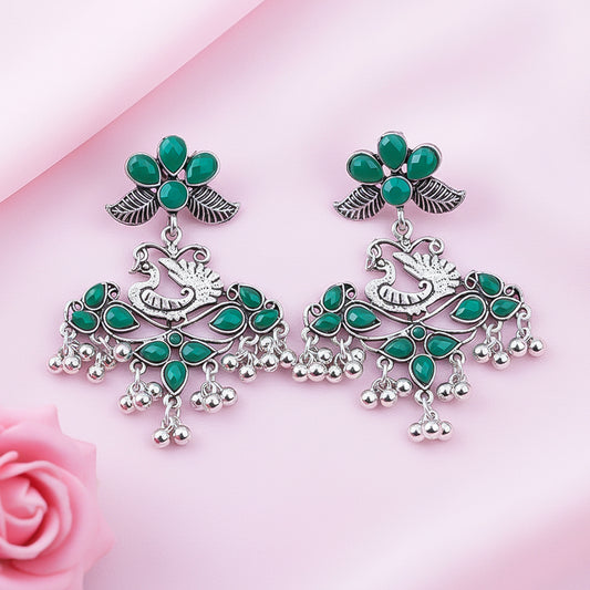Pretty Peacock stone studded jhumka earring (Green)