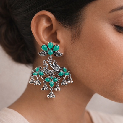 Pretty Peacock stone studded jhumka earring (Green)