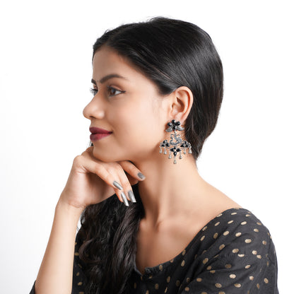 Pretty Peacock stone studded jhumka earring (Black)