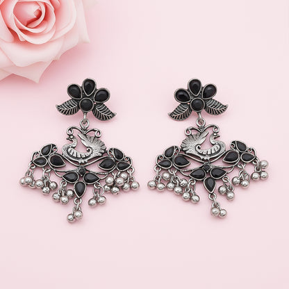 Pretty Peacock stone studded jhumka earring (Black)