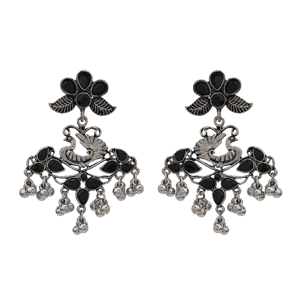 Pretty Peacock stone studded jhumka earring (Black)