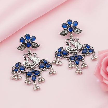 Pretty Peacock stone studded jhumka earring (Blue)