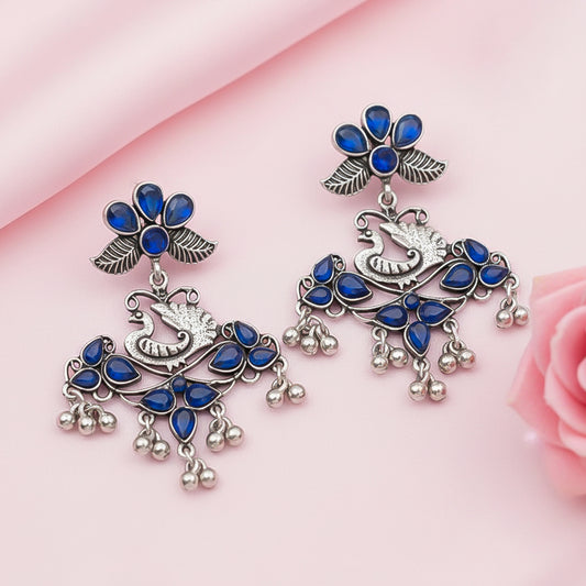 Pretty Peacock stone studded jhumka earring (Blue)