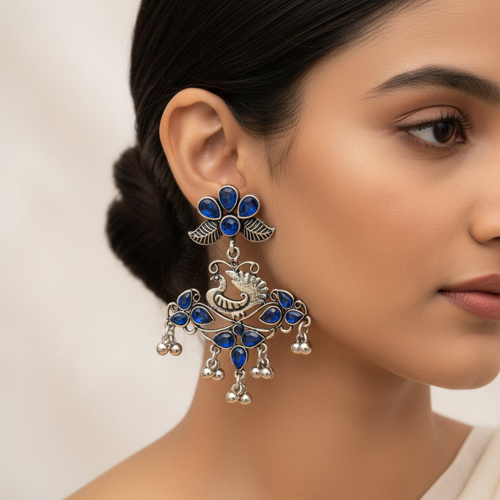 Pretty Peacock stone studded jhumka earring (Blue)