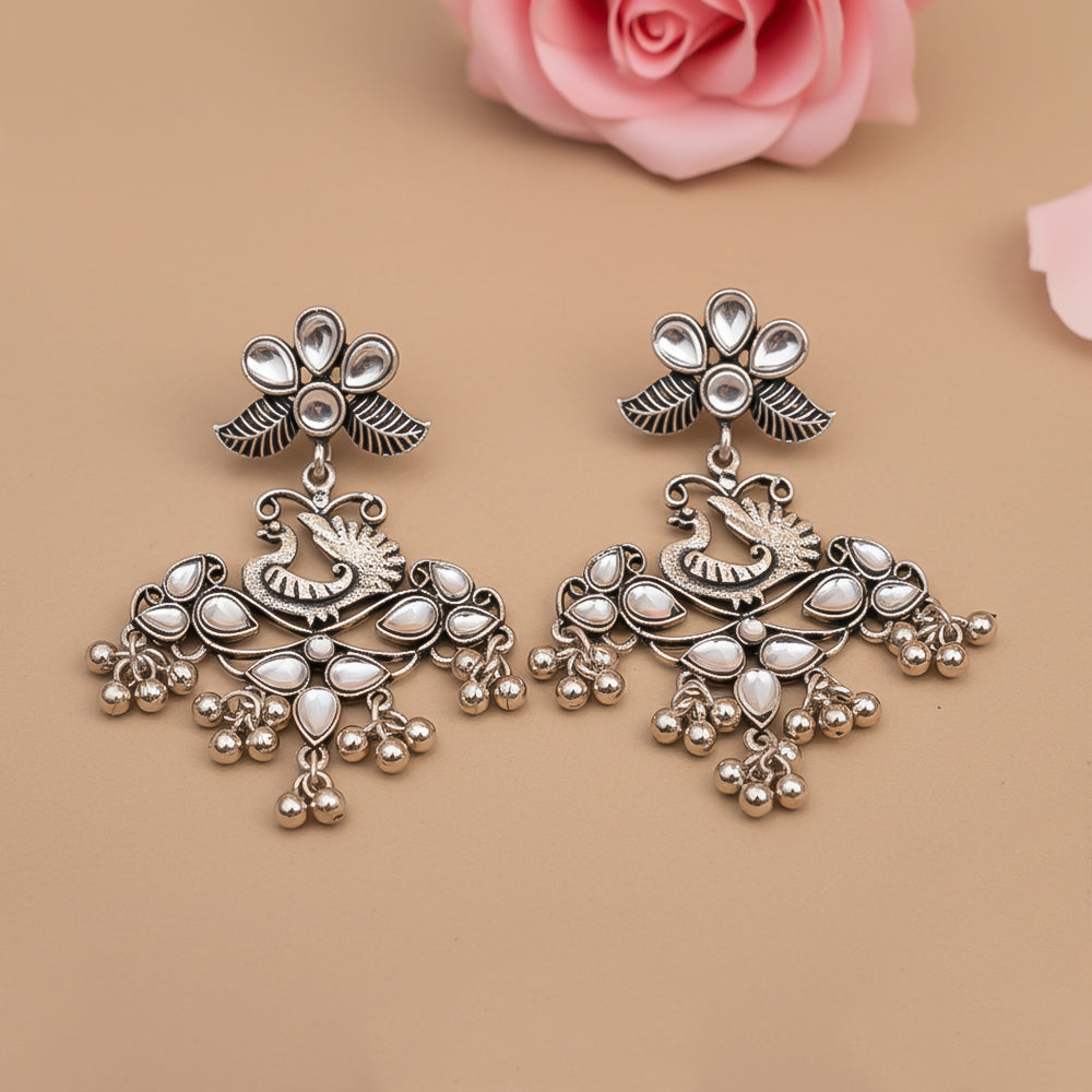 Pretty Peacock stone studded jhumka earring (White)
