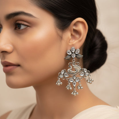 Pretty Peacock stone studded jhumka earring (White)