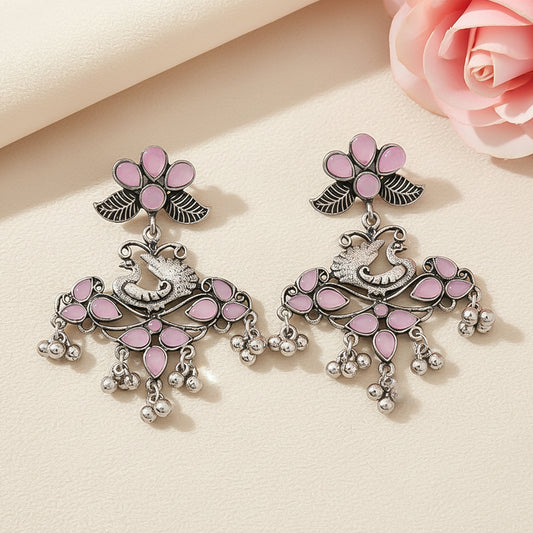 Pretty Peacock stone studded jhumka earring (Baby Pink)