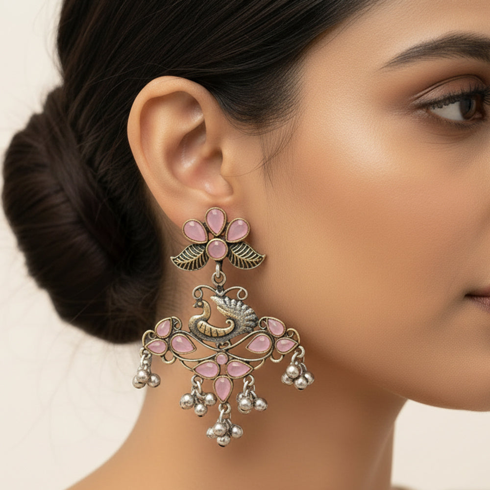 Pretty Peacock stone studded jhumka earring (Baby Pink)