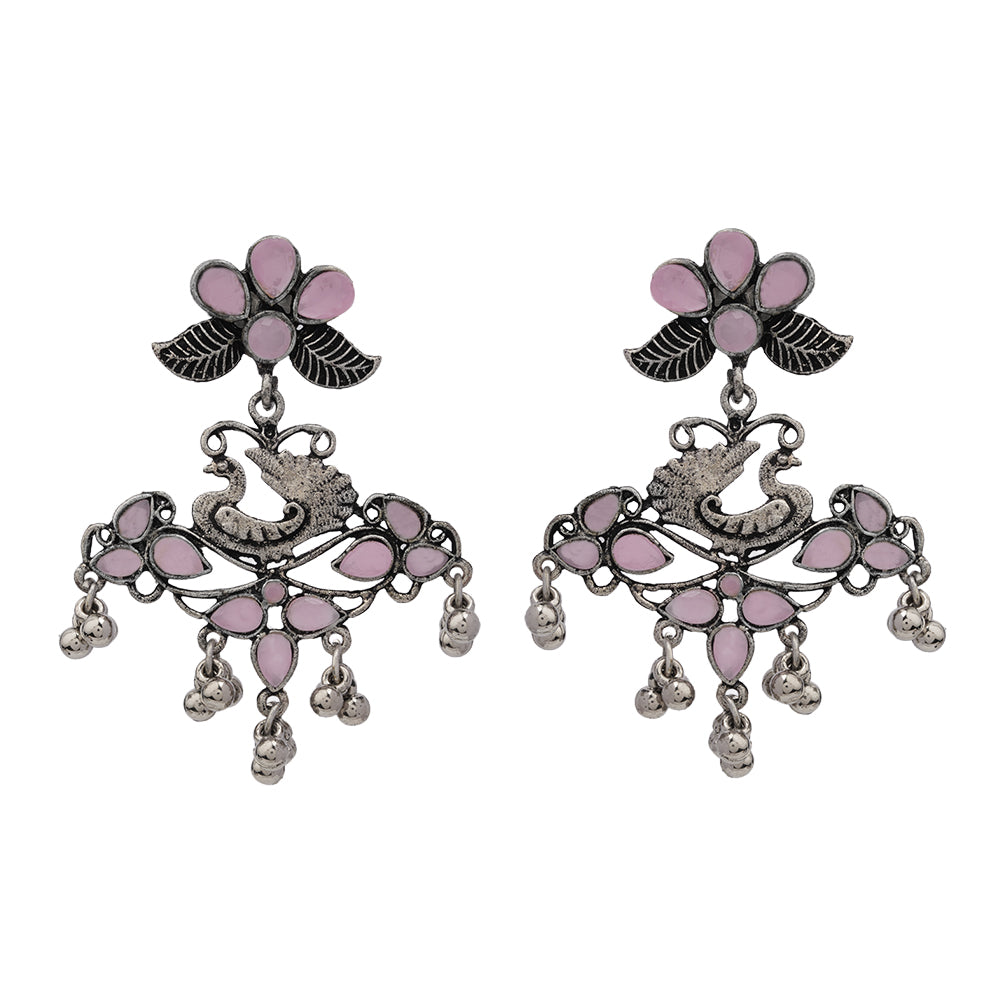 Pretty Peacock stone studded jhumka earring (Baby Pink)