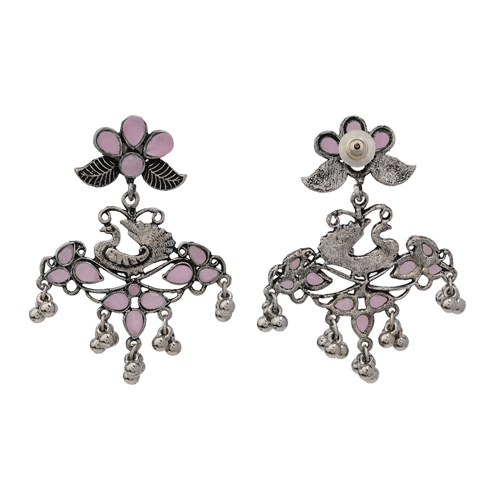 Pretty Peacock stone studded jhumka earring (Baby Pink)