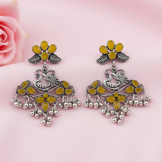 Pretty Peacock stone studded jhumka earring (Yellow)