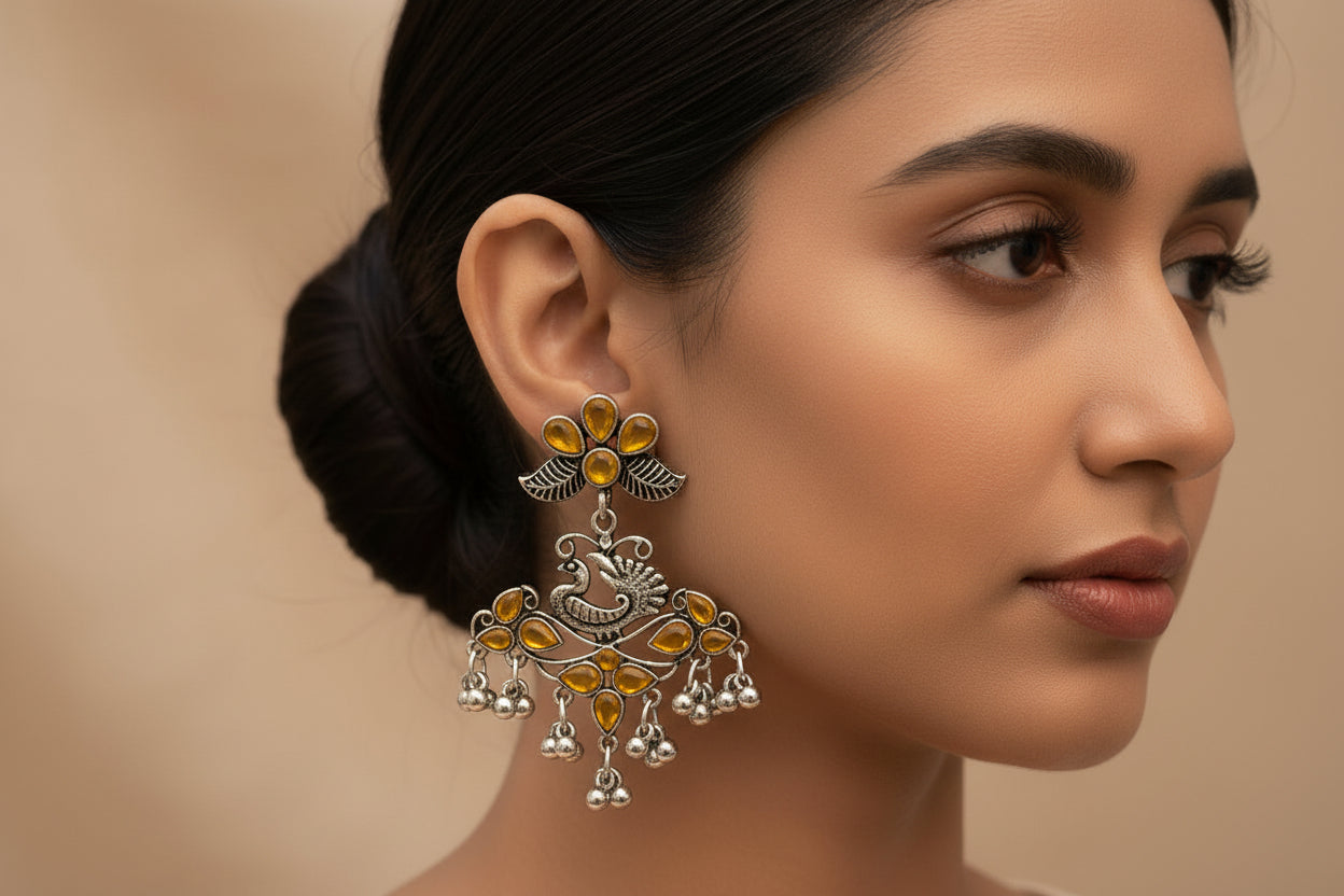 Pretty Peacock stone studded jhumka earring (Yellow)