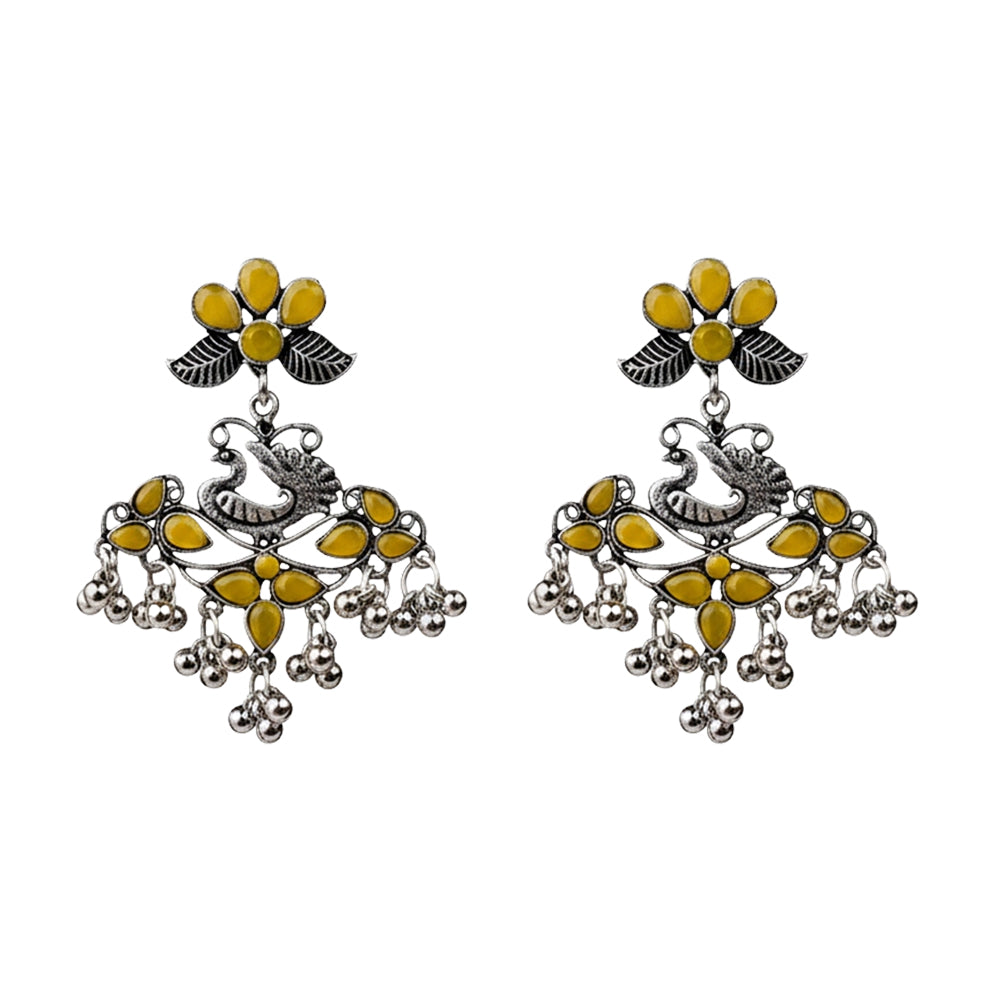 Pretty Peacock stone studded jhumka earring (Yellow)