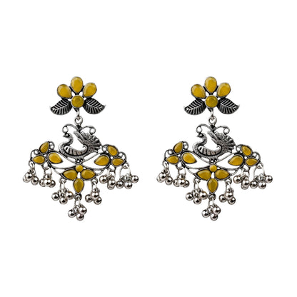 Pretty Peacock stone studded jhumka earring (Yellow)