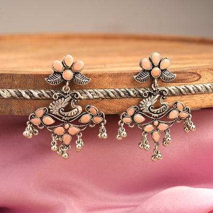 Pretty Peacock stone studded jhumka earring (Light Orange)