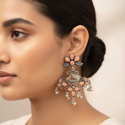 Pretty Peacock stone studded jhumka earring (Light Orange)