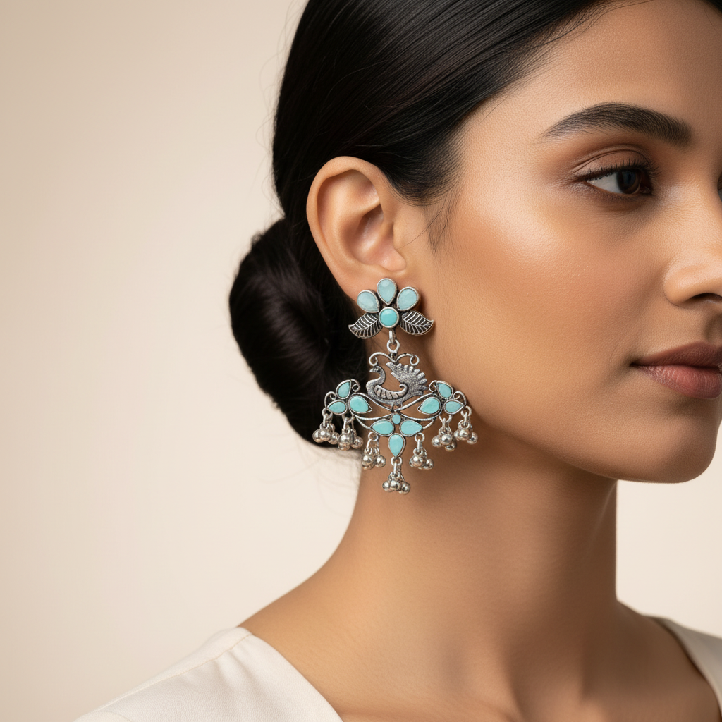 Pretty Peacock stone studded jhumka earring (Mint)