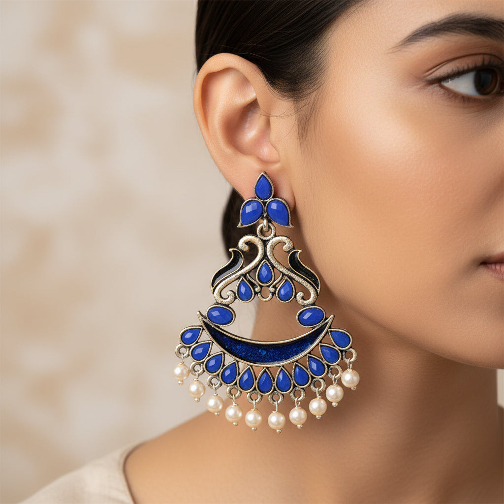 Neel swirls pearl dangler earring (Blue)