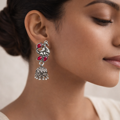 Marvalous Mayur stone studded jhumki earring (Red)