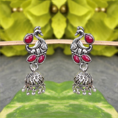 Marvalous Mayur stone studded jhumki earring (Red)