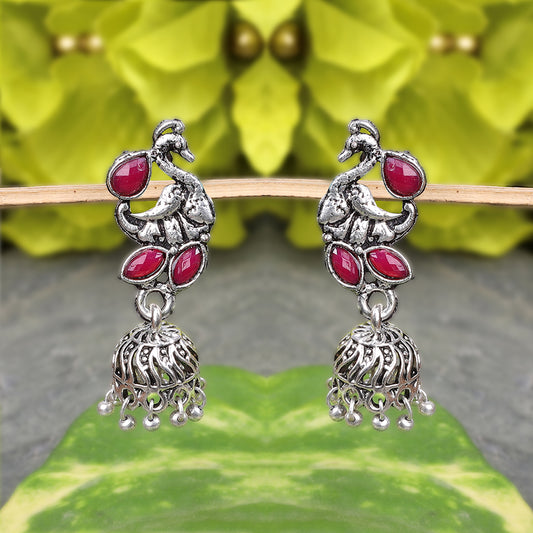 Marvalous Mayur stone studded jhumki earring (Red)