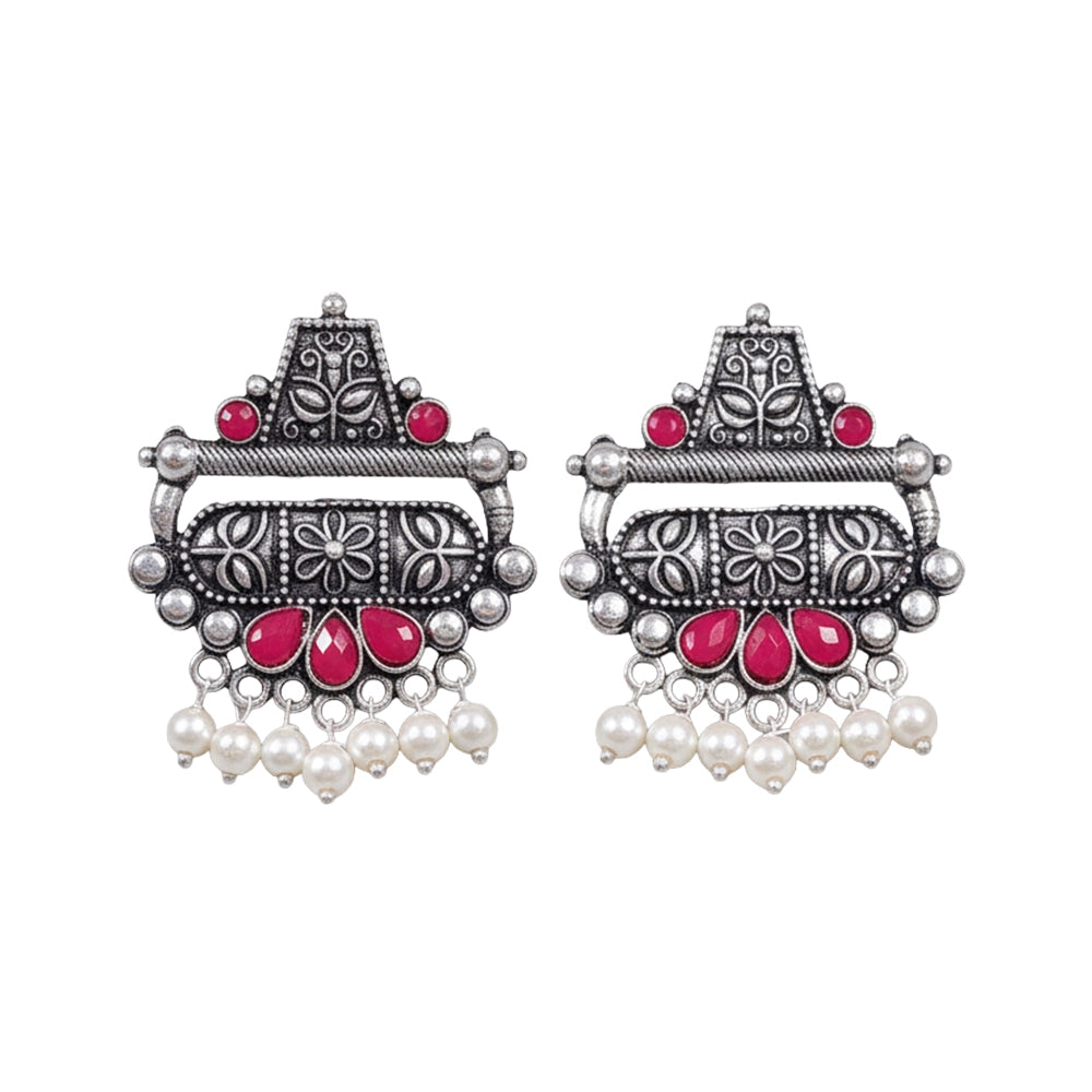 Floral Carved pearl stud earring (Red)