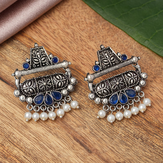 Blue Stone Studded Oxidised Earrings With Hanging Pearl