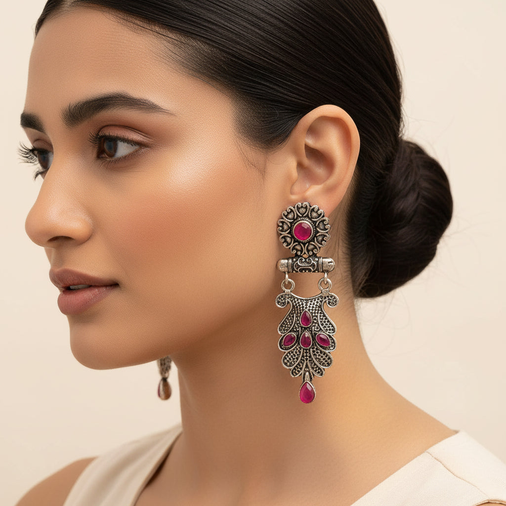 Swirly stone studded dangler earring (Red)