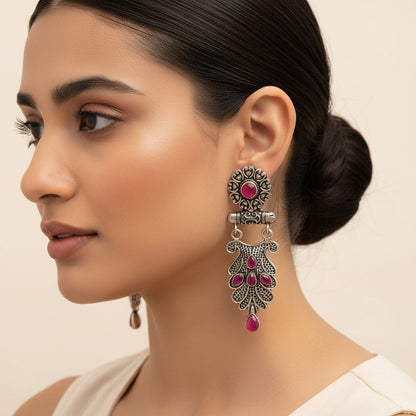 Swirly stone studded dangler earring (Red)