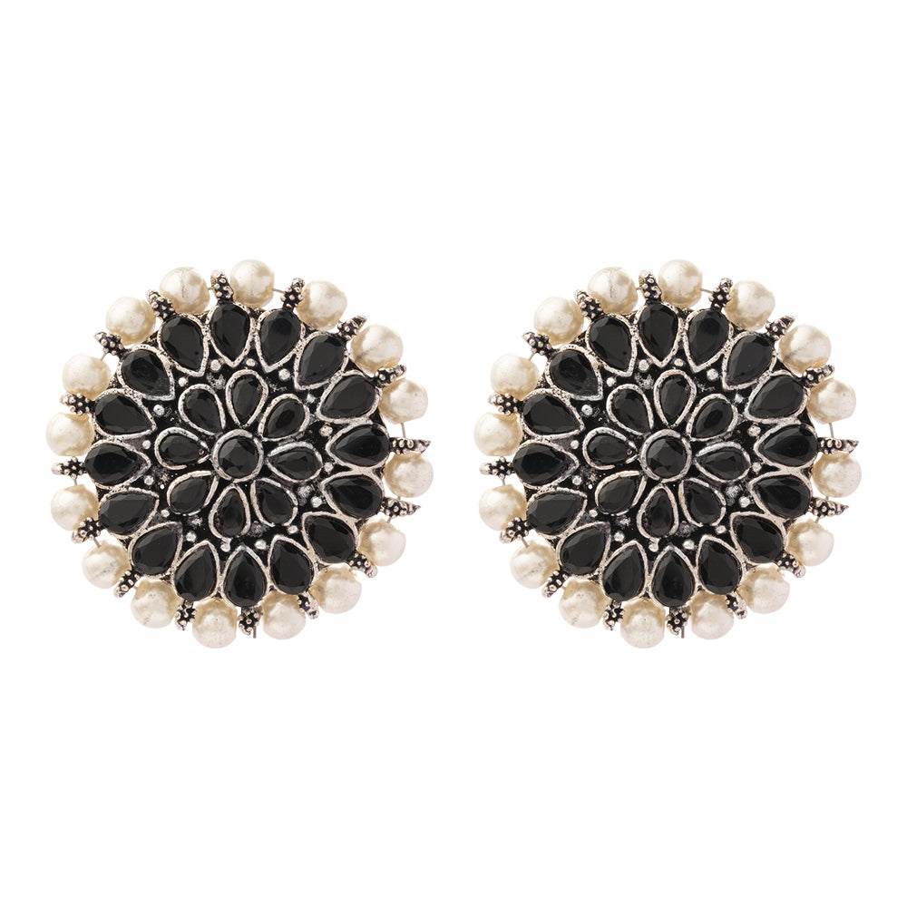 Royal Triple Bell Layered Jhumka Earring (Dark Maroon) Desi Diva stud earring (Black) Combo set