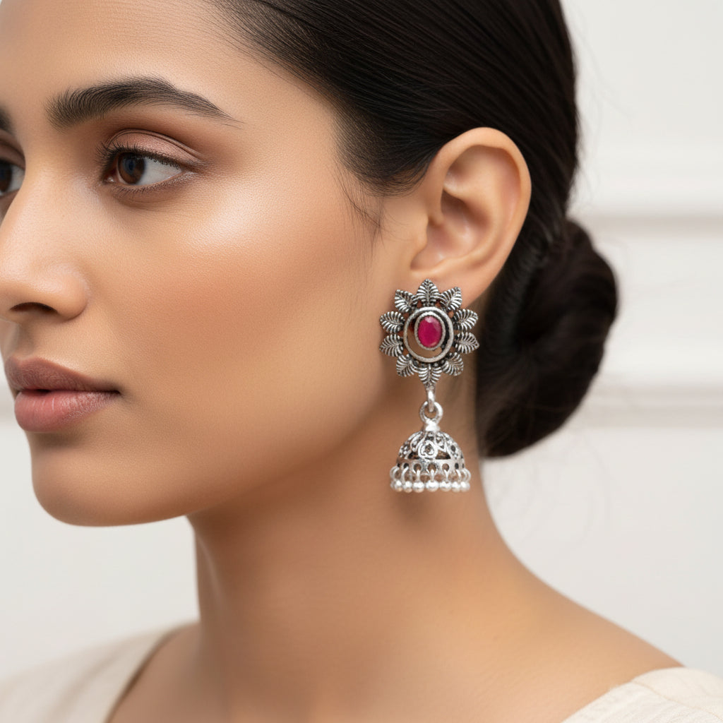 Red Stone Studded Oxidised Dangler Earrings