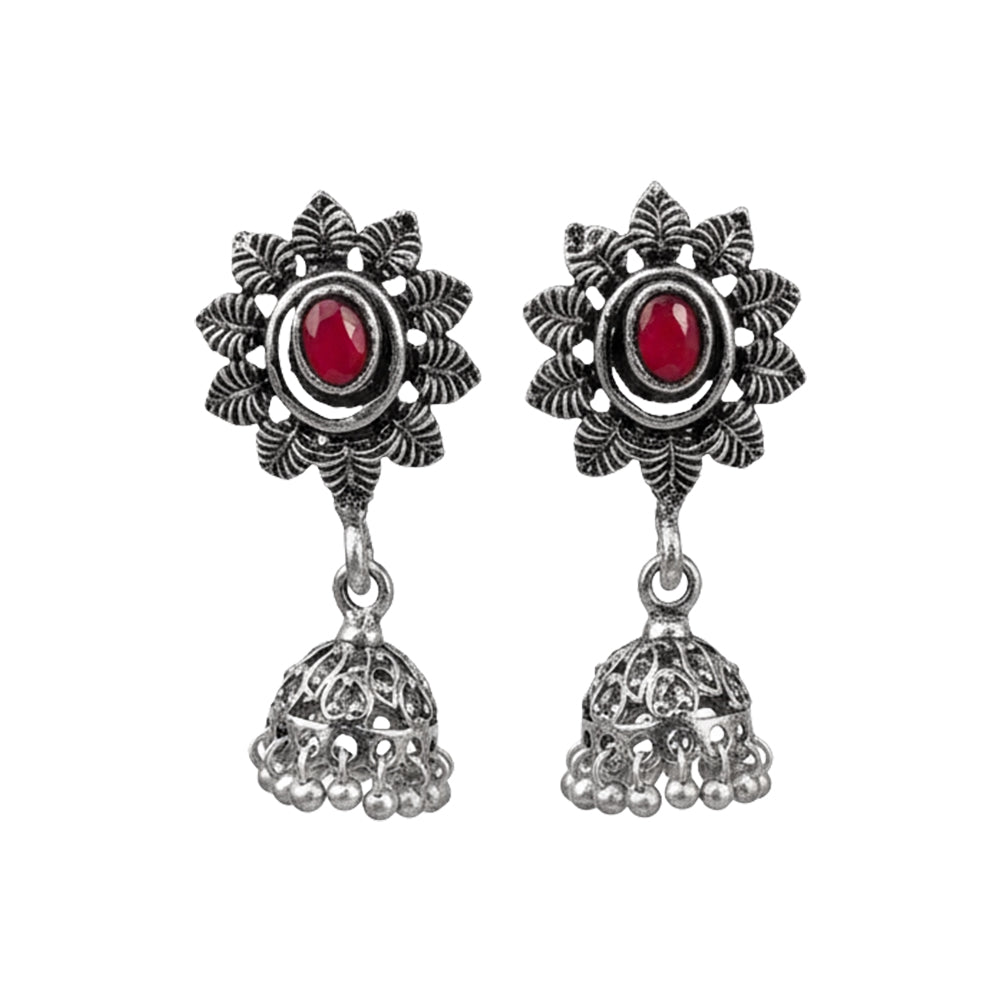 Red Stone Studded Oxidised Dangler Earrings