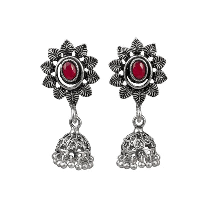 Red Stone Studded Oxidised Dangler Earrings