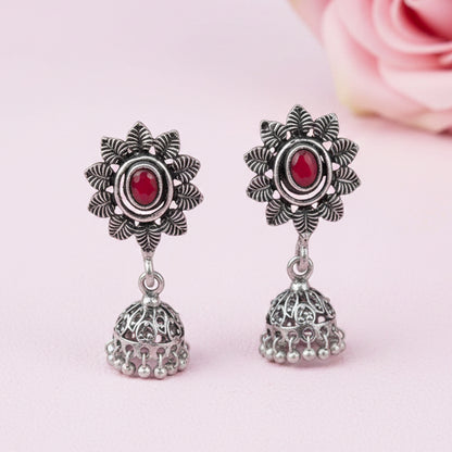 Red Stone Studded Oxidised Dangler Earrings