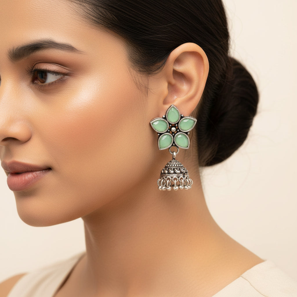 Beauty Bloom ghunghroo jhumki earring (Pista)