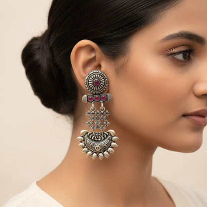 Beauty Bloom ghunghroo jhumki earring (Black)&Enchanted Swing dangler earring (Red) Combo set