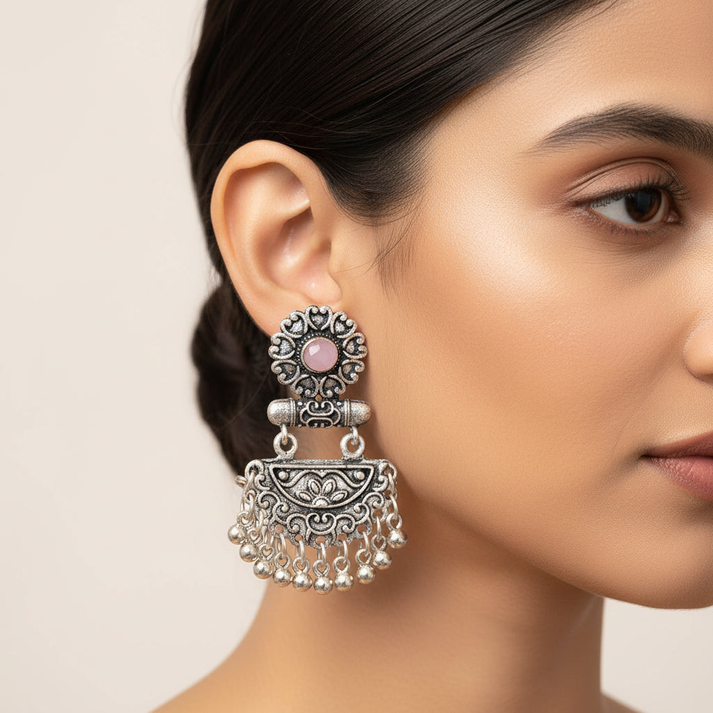semi- circle hanging dangler earring (Baby Pink)
