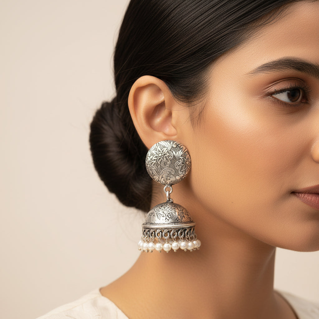 Wonderful wildflower oxidised stud earrings (Black)&Rajwada Traditional Jhumka earrin (Silver) Combo set
