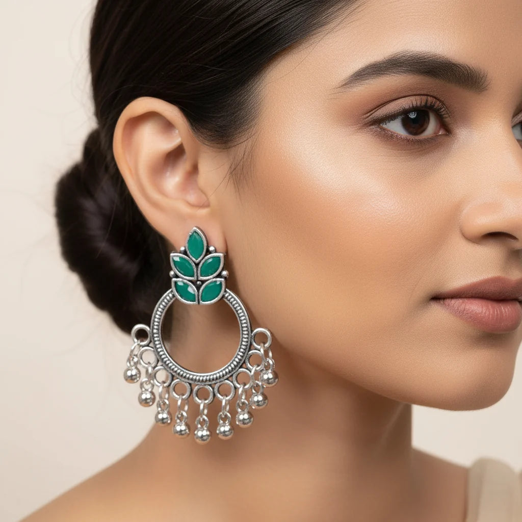 Kalash Kamal earring (Light Orange) Fine Shine stud earrings (Green) Combo set