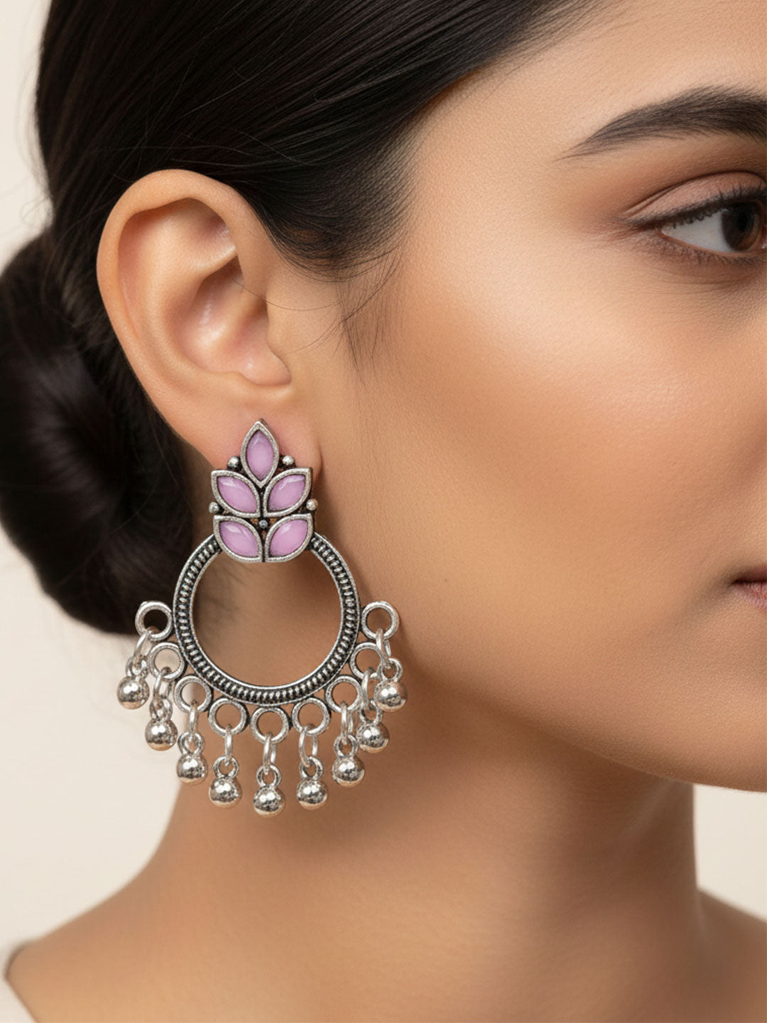 Carved Charm Dangler earrings (White) Fine Shine stud earrings (Baby Pink) Combo set