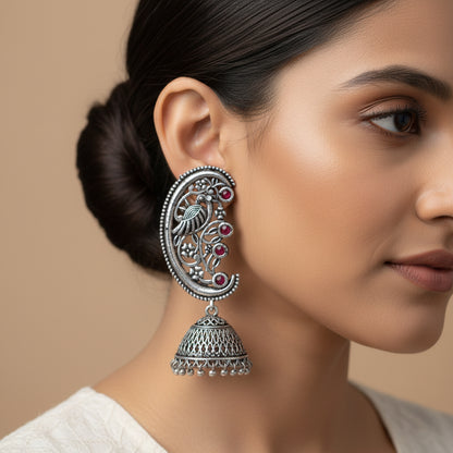 Moon-lit Mayur Jhumki earrings (Red)