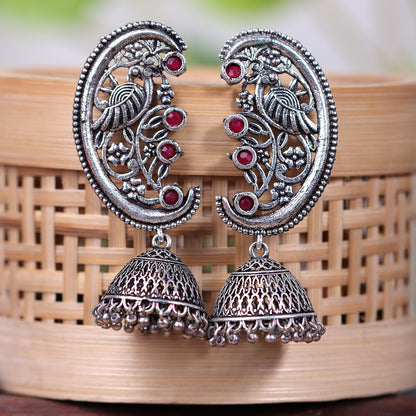 Moon-lit Mayur Jhumki earrings (Red)