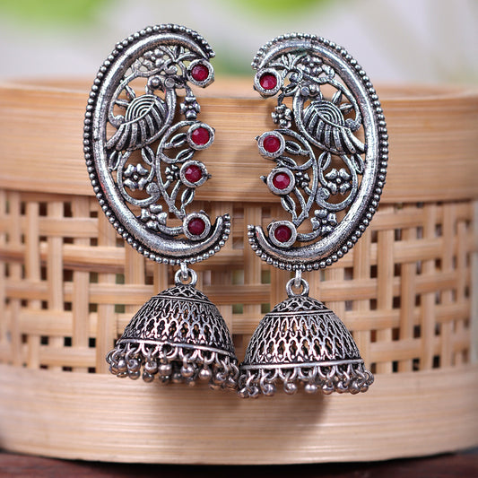 Moon-lit Mayur Jhumki earrings (Red)