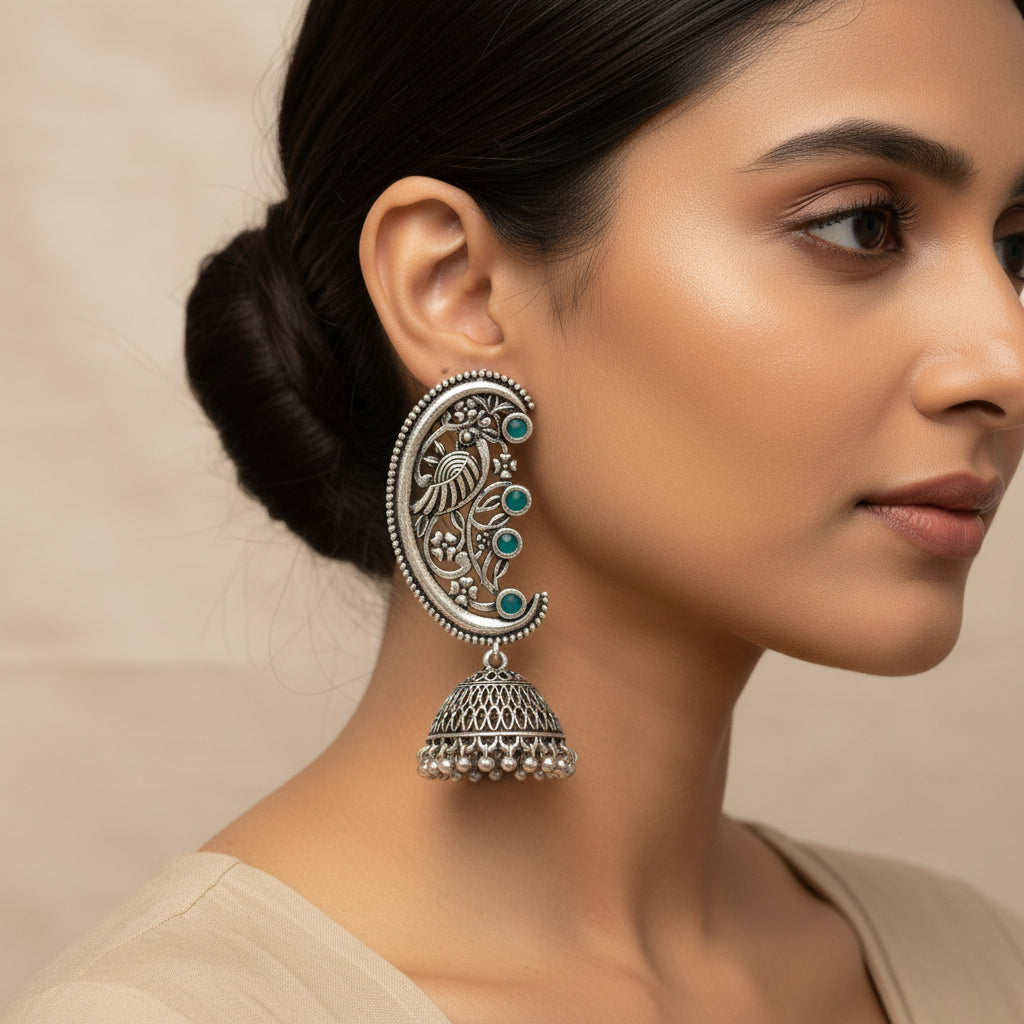 Beauty Bloom ghunghroo jhumki earring (Black)&Moon-lit Mayur Jhumki earrings (Green) Combo set