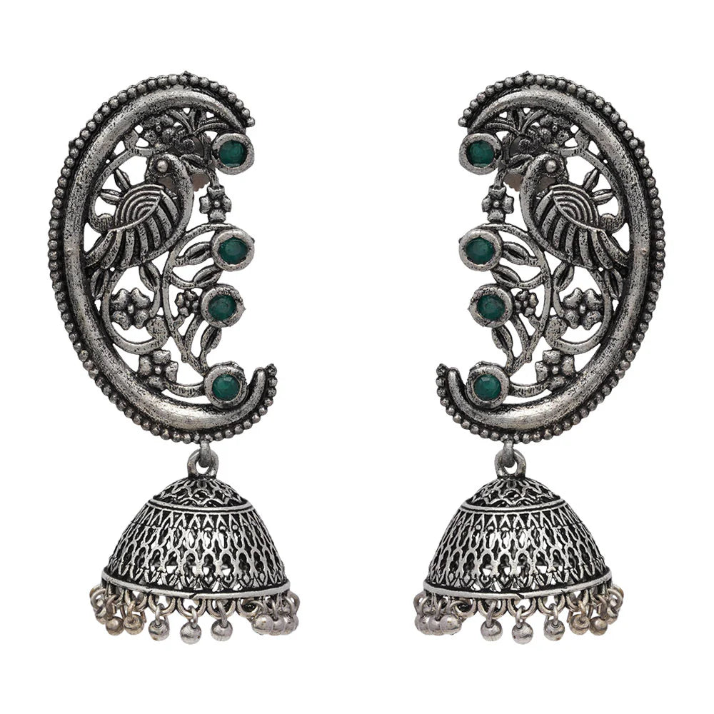 Royal Triple Bell Layered Jhumka Earring (Dark Maroon) Moon-lit Mayur Jhumki earrings (Green) Combo set