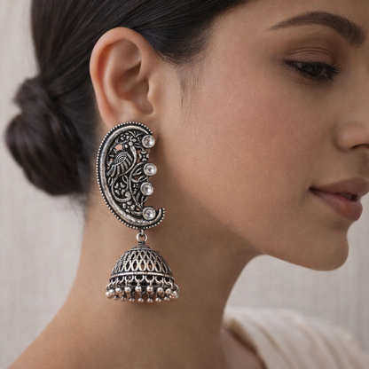 Moon-lit Mayur Jhumki earrings (White)
