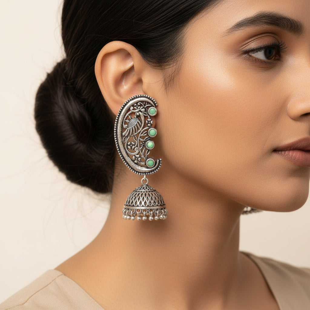 Moon-lit Mayur Jhumki earrings (Pista)