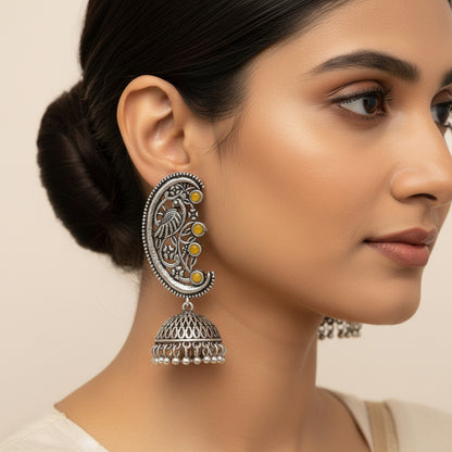 Moon-lit Mayur Jhumki earrings (Yellow)